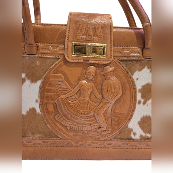 Vintage Mexican Hand Tooled Leather Purse Handbag Cowhide Western 1970s - Picture 2 of 15